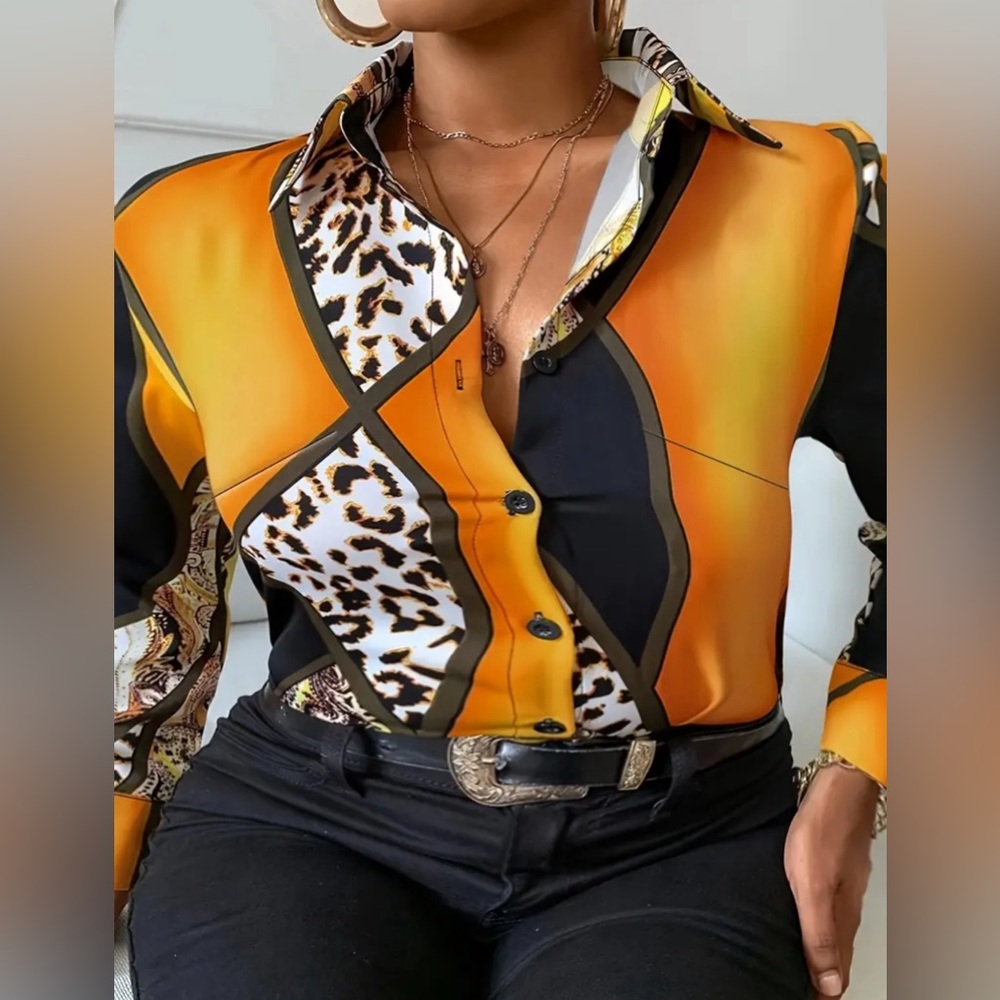 Plus Size Casual Colorblock Leopard Button Up Lon… - image 1